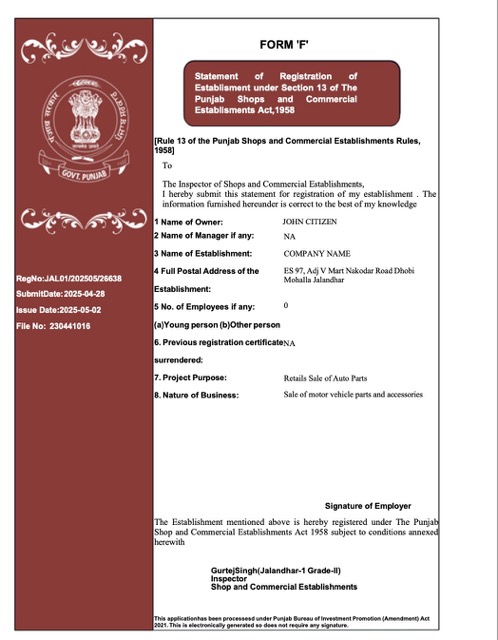 India Punjab registration certificate Word and PDF template, version 2